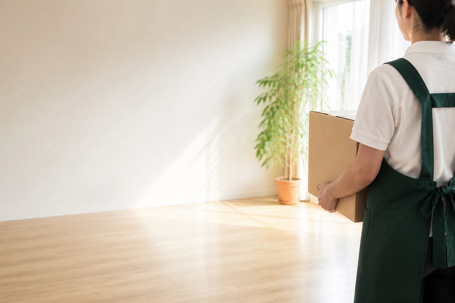 整理を終えた明るいお部屋と箱を丁寧に運ぶスタッフ